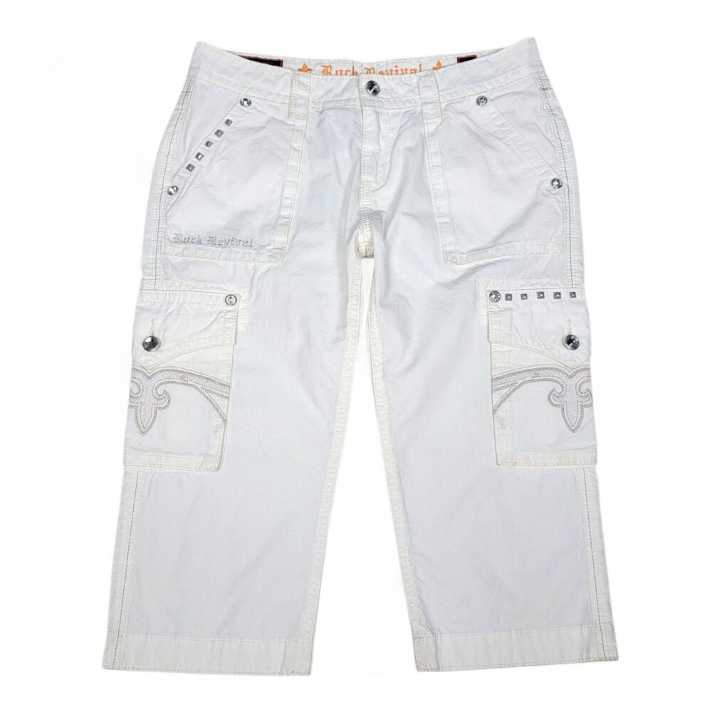 Rock Revival Capri Pants Women's 32 White Ripstop Cargo Pocket Studded Y2K